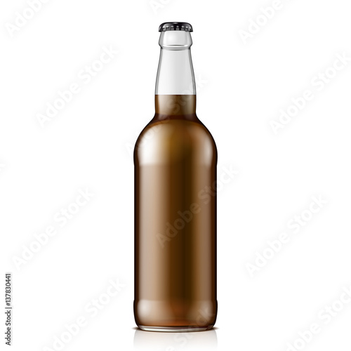 Glass Cola Or Beer Brown Bottle. Carbonated drink. Mock Up Template. Illustration Isolated On White Background. Ready For Your Design. Product Packaging. Vector EPS10