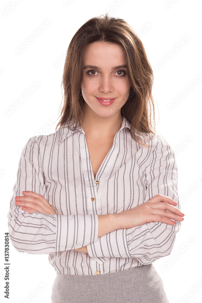 Young pretty businesswoman with arm folded. Full height portrait Young pretty businesswoman with arm folded. Full height portrait