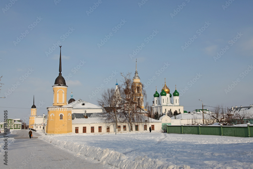 Russia Winter Kolomna city center view. Tower of monastery