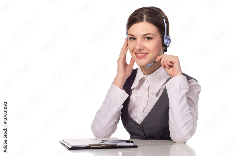 Portrait of happy smiling cheerful support phone operator in headset Portrait of happy smiling cheerful support phone operator in headset