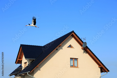 Bocian przelatuje nad nowym dachem jednorodzinnego domu.