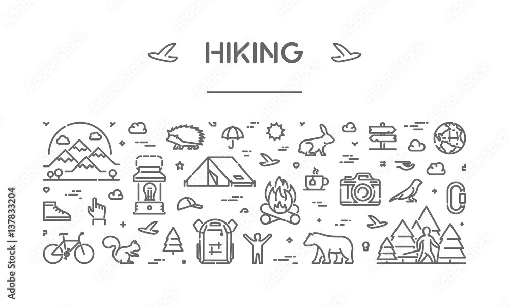 Vector line web banner for hiking