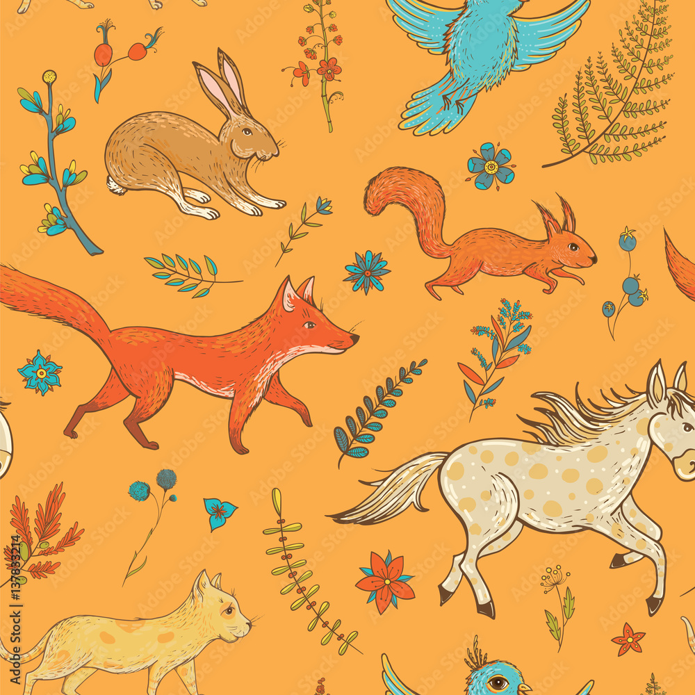 Obraz premium Vector seamless pattern with cute animals and plants