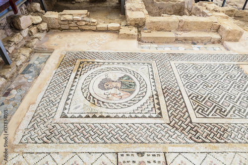 Roman mosaics at the archaeological remains of Kourion city-kingdom destroyed in a severe earthquake in 365 AD.