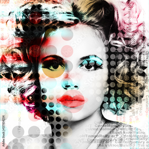 The poster with a portrait of a beautiful girl in the style of contemporary art..