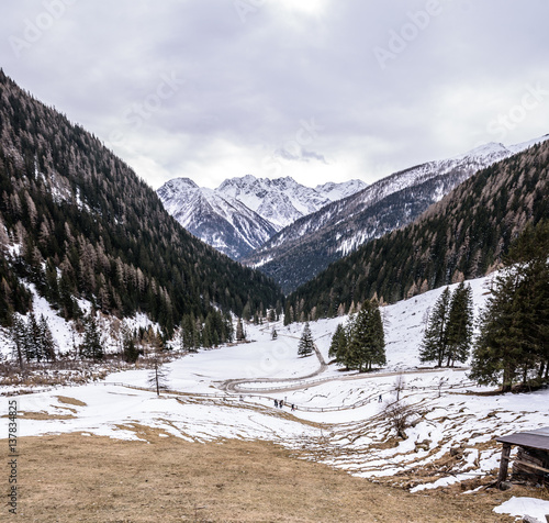 A winding road in mountain environment. People are walking along the path.The snow partially covers the ground. The trees are without snow. Mountains in the distance. Cloudy sky