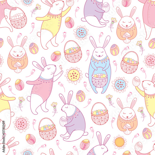 Vector seamless pattern with outline Easter rabbits, egg, basket and flowers in pastel colors on the white background. Cute cartoon bunny and eggs in contour style for holiday Happy Easter design.