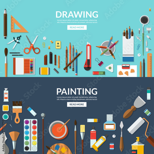 Drawing and painting. Fine art and creative process conceptual banners. Art supplies, stationery - palette, brushes, pens, pencils, paints, watercolor etc. Flat vector background illustrations