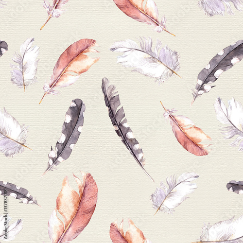 Fototapeta Bird feathers. Seamless background pattern. Watercolor