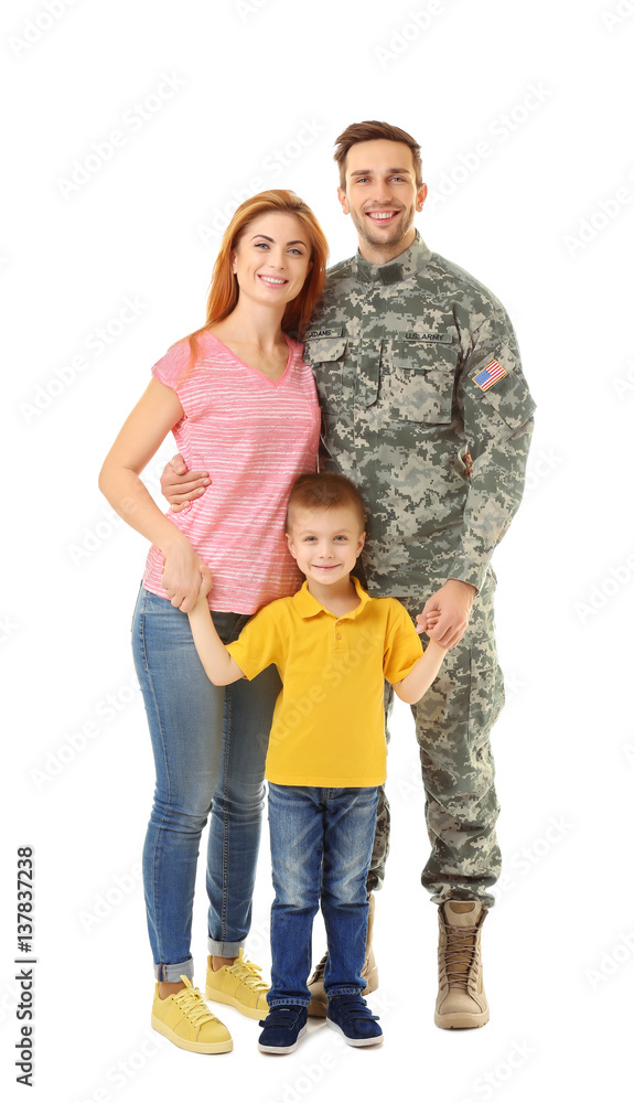 Soldier reunited with family on white background Soldier reunited with family on white background