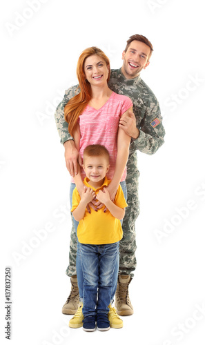 Soldier reunited with family on white background