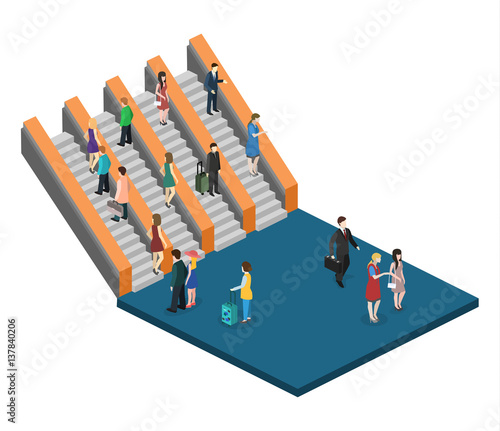 isometric composition depicting subway entrance underground stairs escalator vector illustration