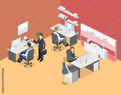 Flat 3d isometric abstract office floor interior departments concept.