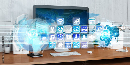Workplace with modern devices and hologram screens 3D rendering