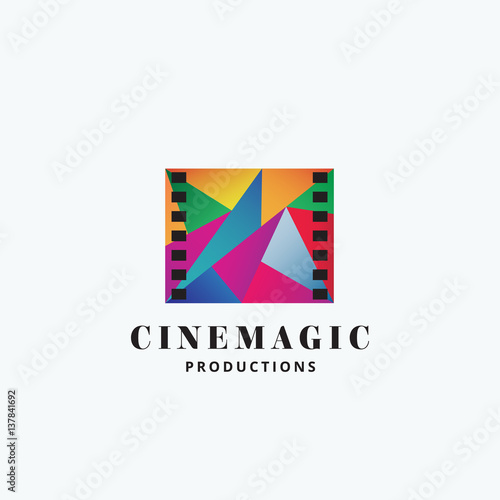 Cinema Magic Abstract Vector Sign, Emblem or Logo Template. Mosaic Filmstrip Symbol with Typography.