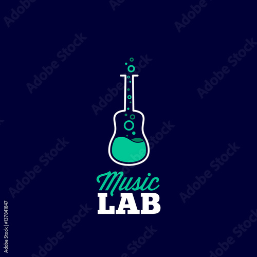 Music Laboratory Abstract Vector Sign, Emblem or Logo Template. Guitar and Chemical Flask Creative Concept Silhouette. Good for Instruments Store and Musical Education.