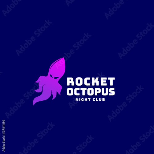 Rocket Octopus or Squid Abstract Vector Sign, Emblem or Logo Template. Creative Concept on Dark Blue Background