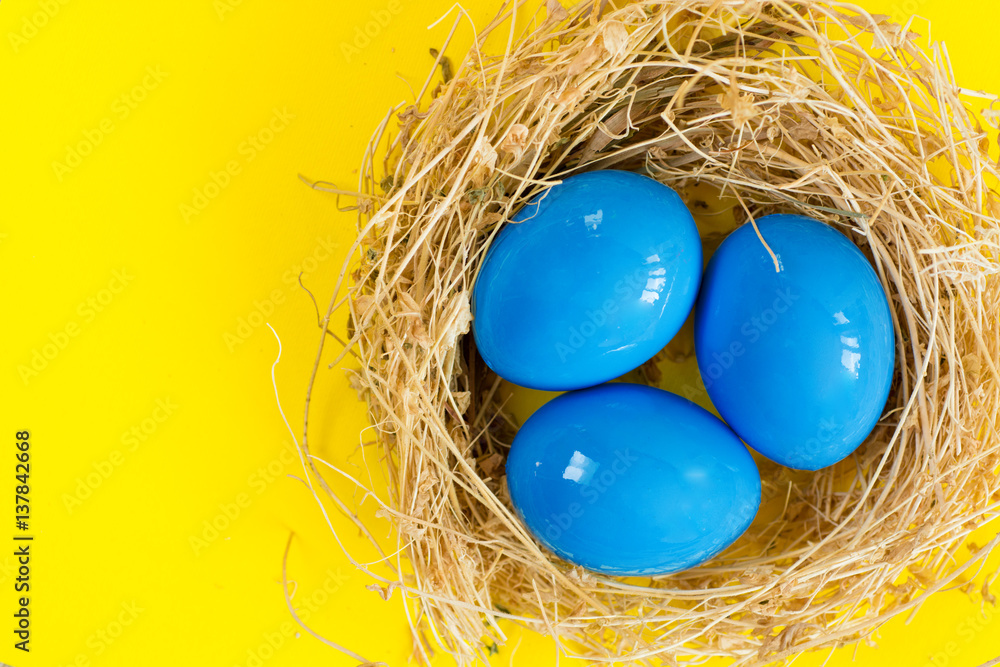 Fototapeta premium Easter eggs in nest on rustic wooden background, selective focus image. Happy Easter Card - space for text 