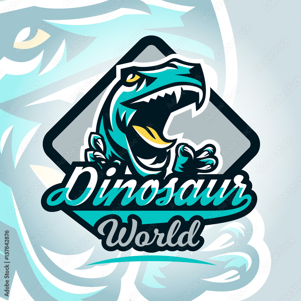 Obraz premium Colourful emblem, logo, dangerous raptor ready to attack, sharp claws, dinosaur of the Jurassic period. Vector illustration, sporty and dynamic style, printing on T-shirts