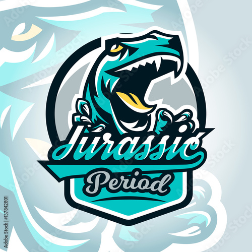 Colourful emblem, logo, dangerous raptor ready to attack, sharp claws, dinosaur of the Jurassic period. Vector illustration, sporty and dynamic style, printing on T-shirts