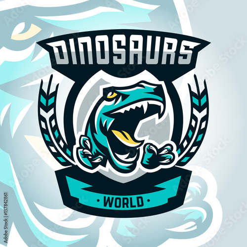 Colourful emblem, logo, dangerous raptor ready to attack, sharp claws, dinosaur of the Jurassic period. Vector illustration, sporty and dynamic style, printing on T-shirts