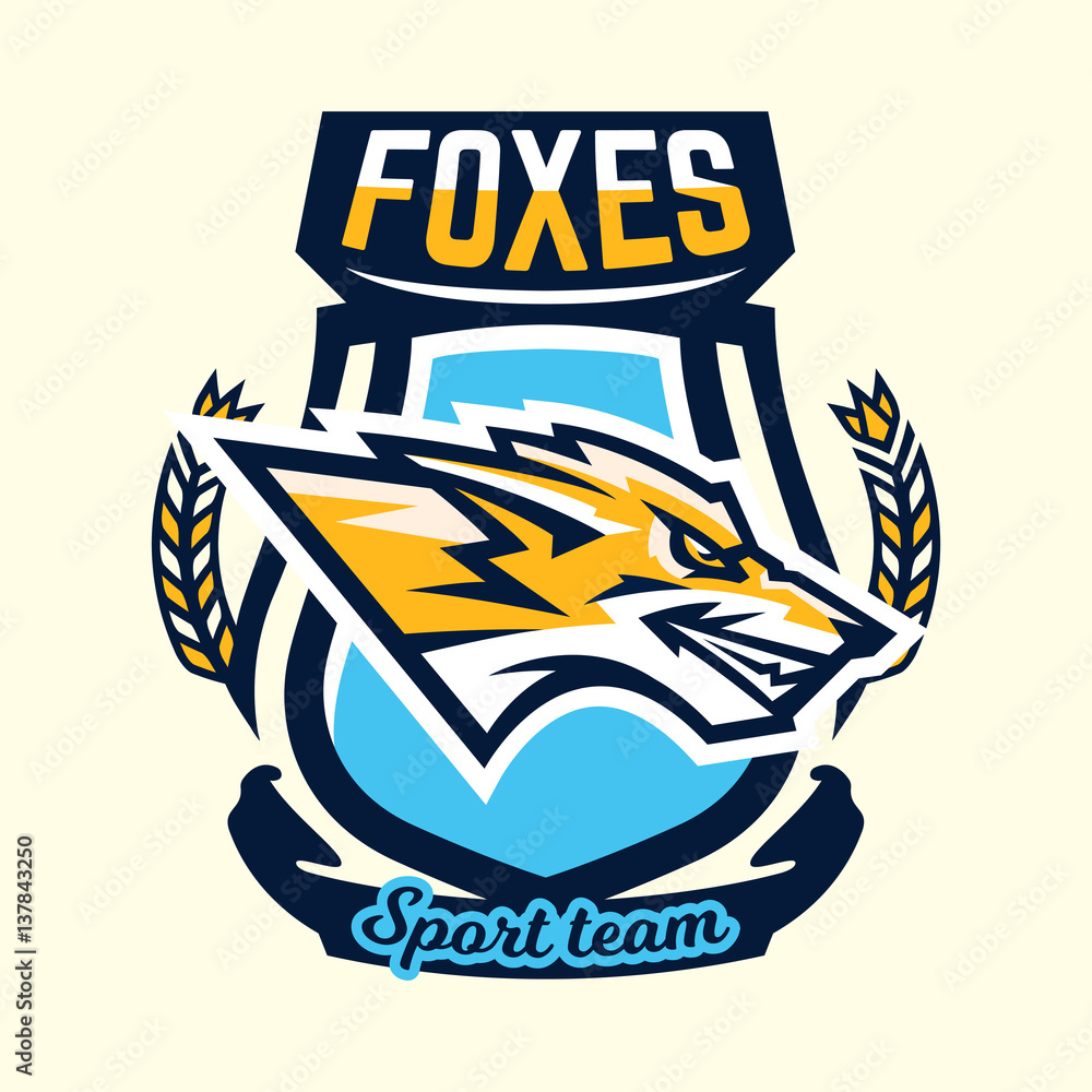 Naklejka premium Colourful emblem, logo, sticker, face aggressive fox ready to attack, the predator. Vector illustration, dynamic and sport style, printing on T-shirts.