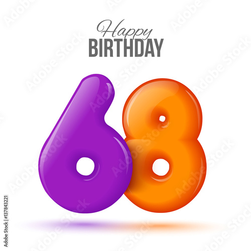 sixty eight birthday greeting card template with 3d shiny number sixty eight balloon on white background. Birthday party greeting, invitation card, banner with number 68 shaped balloon photo