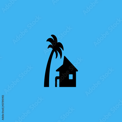 Tropical bungalow and palm icon. flat design