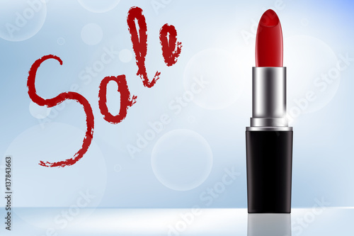 Vector illustration. Realistic tube of red lipstick on a soft blue background with glass. Inscription pomade sale