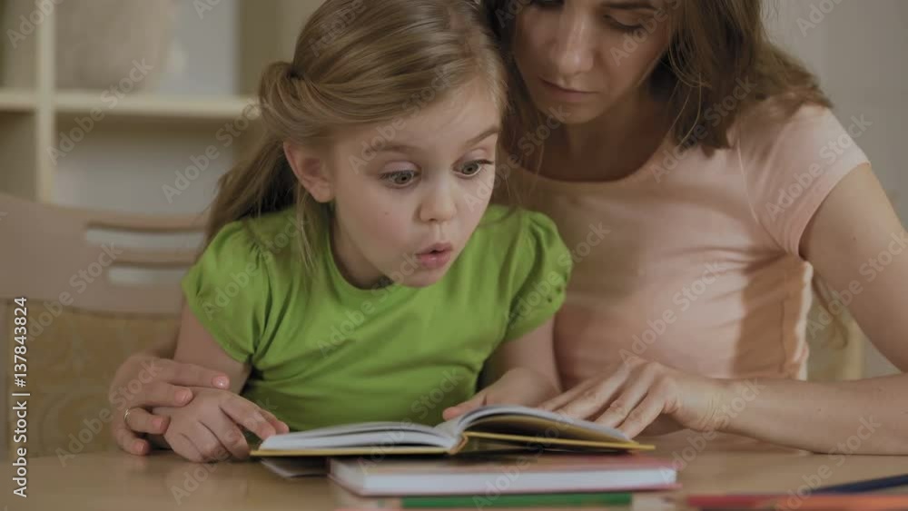 Supportive mother reading textbook together with hyperactive little daughter Supportive mother reading textbook together with hyperactive little daughter