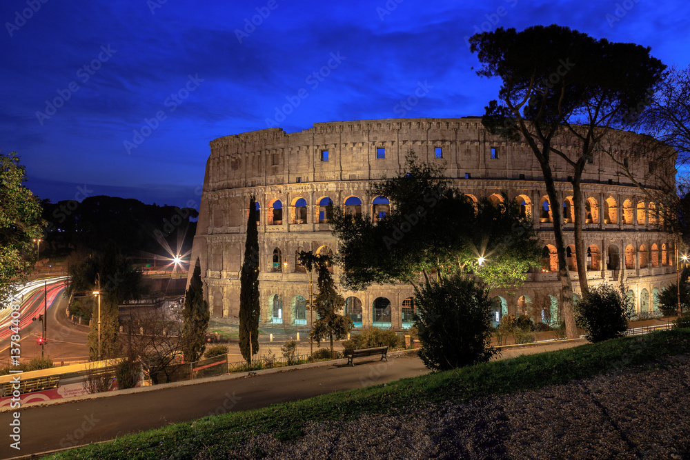 Night view of Colosseum in Rome. Rome architecture and landmark. Colosseum is one of the main attractions of Rome and Italy