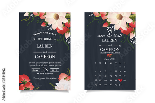 Modern wedding invitation with calendar planner and matched wedding day
