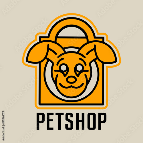 The logo on the theme of shop for pets. dog's head depicted on the background of the bag. Vector illustration. Line style photo