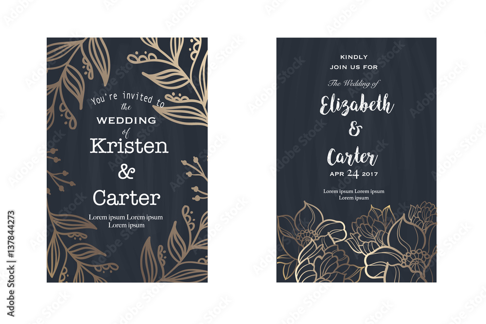 Set of wedding card invitation flyer pages in old style 