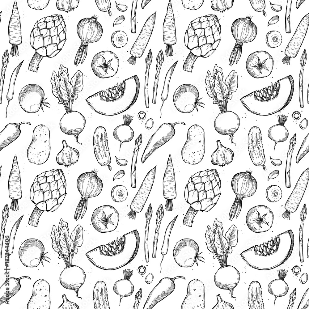 Fototapeta premium Hand drawn vector seamless pattern - vegetables (carrots, potatoes, tomatoes, asparagus, artichoke).Design elements in sketch style. Perfect for invitations, greeting cards, posters, packing, textile