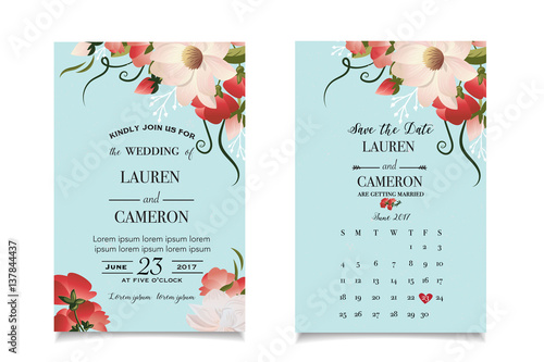 Watercolor beautiful flowers on mint background of modern wedding invitatoin