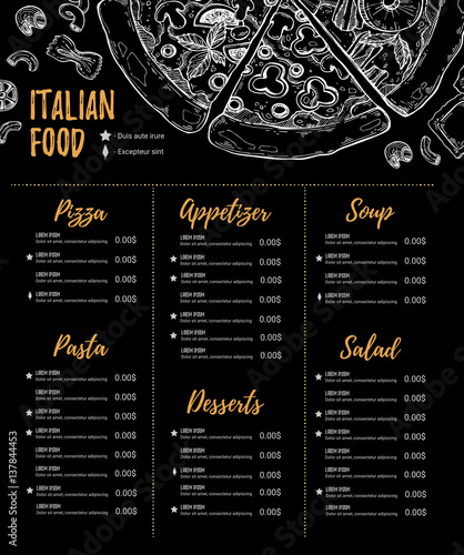 Hand drawn vector illustration - Italian menu. Pasta and Pizza. Perfect for restaurant brochure, cafe flyer, delivery menu. Design template with illustrations in sketch style.