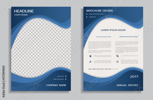 Blue flyer design template with wavy background, front and back brochure page photo