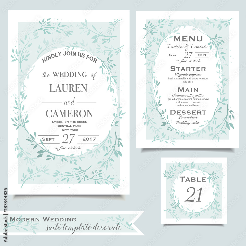 Mint wedding invitation card with floral ornament on white background