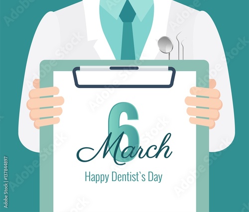 6 march - dentist`s day. Close-up of a male dentist with lab coat in his office holding a clipboard. Vector flat illustration