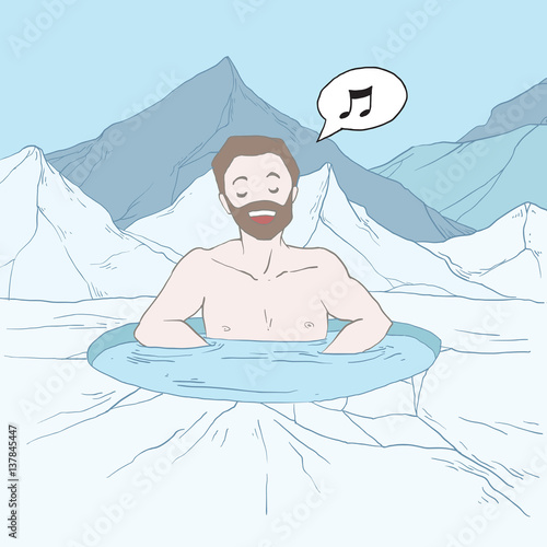 Man relaxed in ice hole, taking a bath