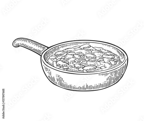 Chili con carne in pan - mexican traditional food. Vector engraving