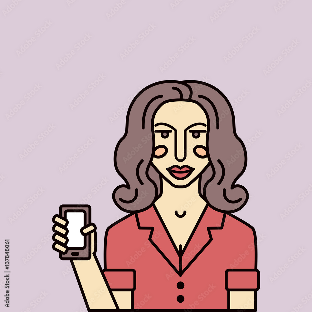 Seller consultant. Vector personage. Woman consultant shows smartphone. Seller consultant. Vector personage. Woman consultant shows smartphone.