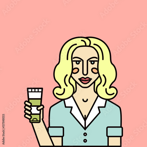 Beauty consultant. Vector personage. Woman consultant shows beauty product.