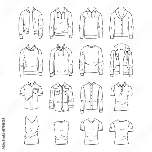 Hand drawn vector clothing set. 16 models of trendy men’s tops.