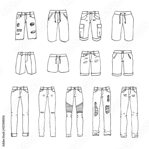 Hand drawn vector clothing set. 13 models of trendy men’s shorts and jeans.