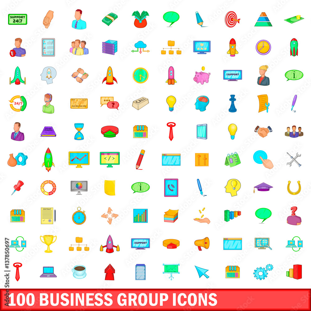 100 business group icons set, cartoon style 100 business group icons set, cartoon style