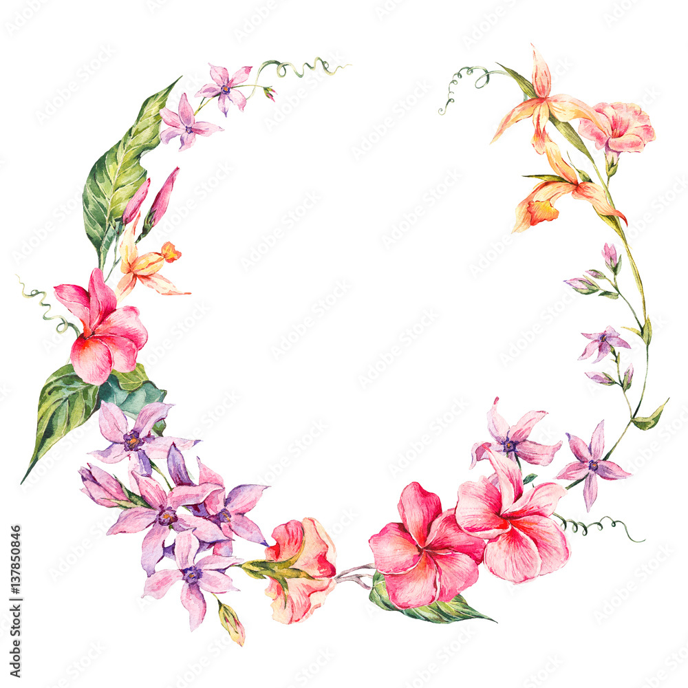 Exotic round frame, flowers, twigs and leaves.