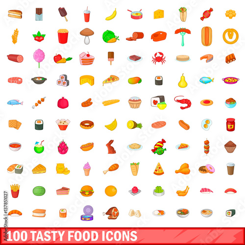 100 tasty food icons set, cartoon style