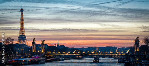 Photography Paris cityscape with Tour Eiffel and Pont Alexandre III at twilight